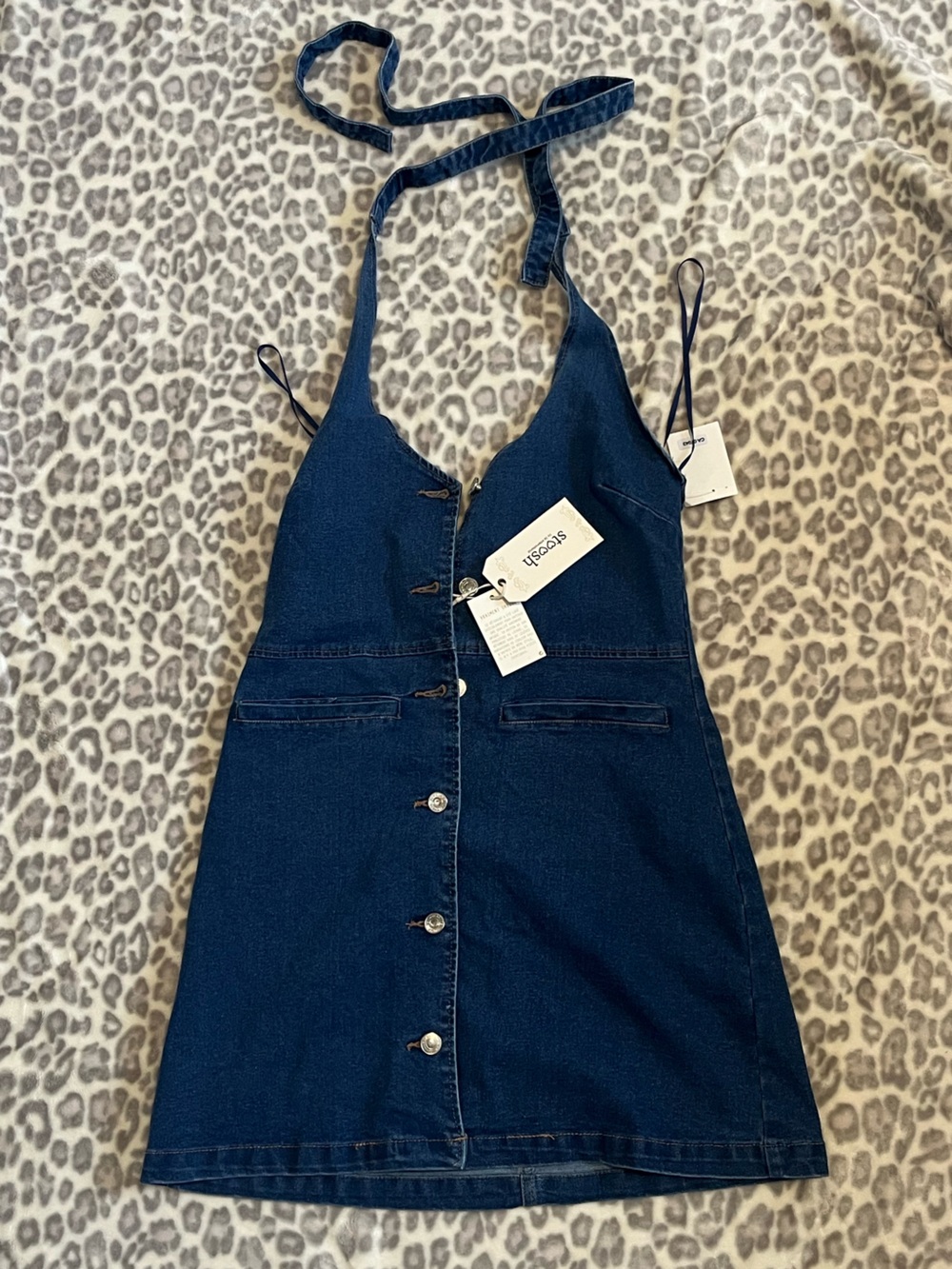 Stoosh Women's Dark Blue Denim Dress with buttons and halter tie